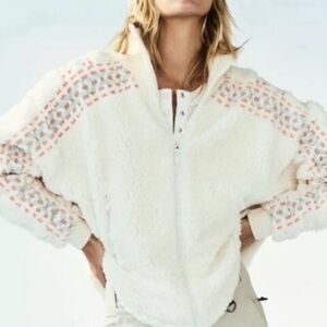 Free People Cream Teddy Jacket with Pink and Blue Accents